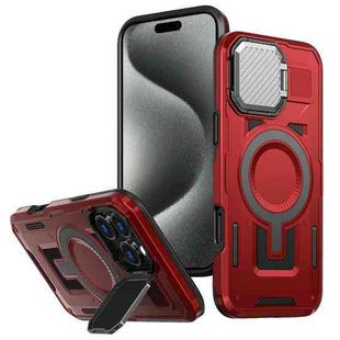 For iPhone 15 Pro Max Shield Frame Holder MagSafe Phone Case(Red)