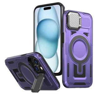 For iPhone 15 Plus Shield Frame Holder MagSafe Phone Case(Purple)