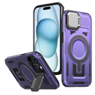 For iPhone 15 Shield Frame Holder MagSafe Phone Case(Purple)