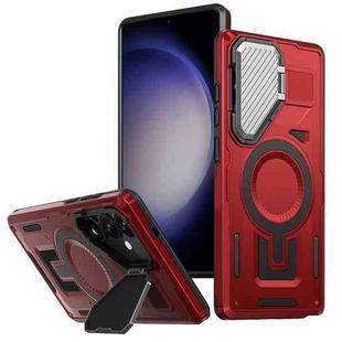 For Samsung Galaxy S23 FE 5G Shield Frame Holder MagSafe Phone Case(Red)