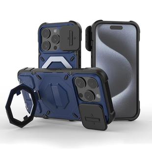 For iPhone 15 Pro Max Camera Shield Armor MagSafe Holder Phone Case with Strap(Sapphire Blue)