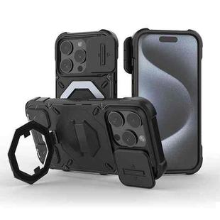 For iPhone 15 Pro Camera Shield Armor MagSafe Holder Phone Case with Strap(Black)