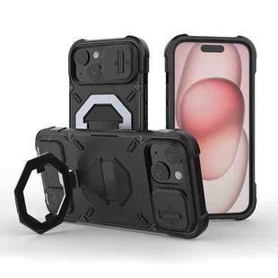 For iPhone 15 Plus Camera Shield Armor MagSafe Holder Phone Case with Strap(Black)