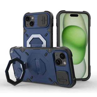 For iPhone 15 Camera Shield Armor MagSafe Holder Phone Case with Strap(Sapphire Blue)