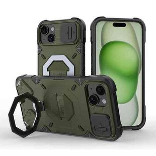 For iPhone 15 Camera Shield Armor MagSafe Holder Phone Case with Strap(Dark Green)