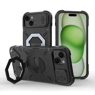 For iPhone 14 Plus Camera Shield Armor MagSafe Holder Phone Case with Strap(Black)