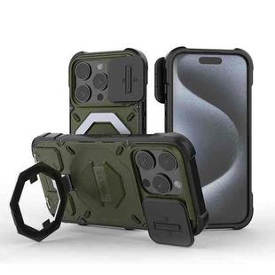 For iPhone 14 Pro Max Camera Shield Armor MagSafe Holder Phone Case with Strap(Dark Green)