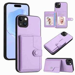 For iPhone 15 Plus Button Card Bag RFID Anti-theft Phone Case(Purple)