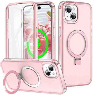 For iPhone 15 Plus Frosted Skin Feel MagSafe Holder 360 Full Body Phone Case(Pink)