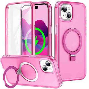 For iPhone 15 Plus Frosted Skin Feel MagSafe Holder 360 Full Body Phone Case(Rose Red)