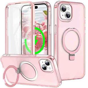 For iPhone 15 Frosted Skin Feel MagSafe Holder 360 Full Body Phone Case(Pink)