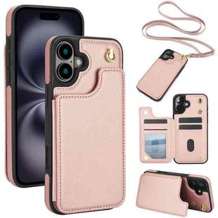 For iPhone 16 Plus Crossbody Dual-Buckle Wallet Back Leather Phone Case(Rose Gold)