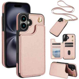 For iPhone 16 Crossbody Dual-Buckle Wallet Back Leather Phone Case(Rose Gold)