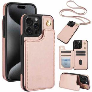 For iPhone 15 Pro Max Crossbody Dual-Buckle Wallet Back Leather Phone Case(Rose Gold)