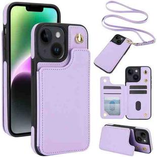 For iPhone 14 Plus Crossbody Dual-Buckle Wallet Back Leather Phone Case(Light Purple)