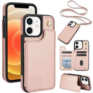 For iPhone 12 / 12 Pro Crossbody Dual-Buckle Wallet Back Leather Phone Case(Rose Gold)