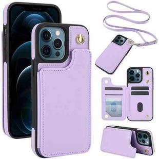 For iPhone 12 Pro Max Crossbody Dual-Buckle Wallet Back Leather Phone Case(Light Purple)