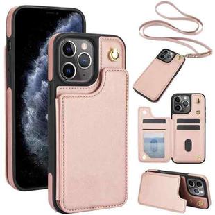 For iPhone 11 Pro Max Crossbody Dual-Buckle Wallet Back Leather Phone Case(Rose Gold)