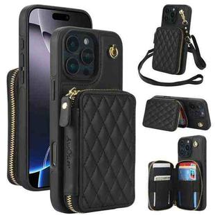 For iPhone 16 Pro Max AwQuer Crossbody Zipper Wallet Rhombic Leather Back Phone Case(Black)