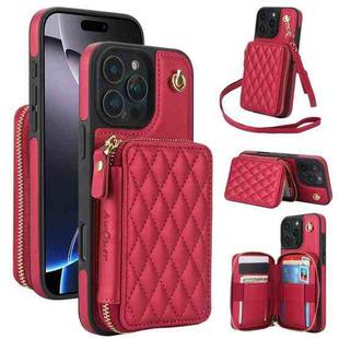 For iPhone 16 Pro Max AwQuer Crossbody Zipper Wallet Rhombic Leather Back Phone Case(Red)