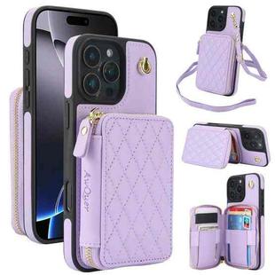 For iPhone 16 Pro Max AwQuer Crossbody Zipper Wallet Rhombic Leather Back Phone Case(Purple)