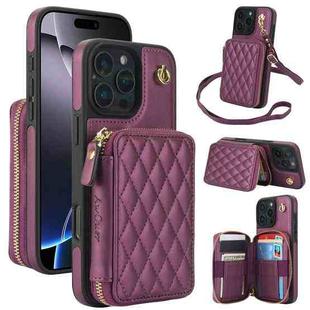 For iPhone 16 Pro AwQuer Crossbody Zipper Wallet Rhombic Leather Back Phone Case(Dark Purple)