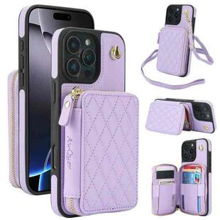 For iPhone 16 Pro AwQuer Crossbody Zipper Wallet Rhombic Leather Back Phone Case(Purple)