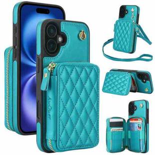 For iPhone 16 Plus AwQuer Crossbody Zipper Wallet Rhombic Leather Back Phone Case(Green)