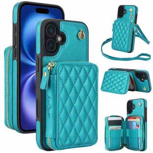 For iPhone 16 AwQuer Crossbody Zipper Wallet Rhombic Leather Back Phone Case(Green)