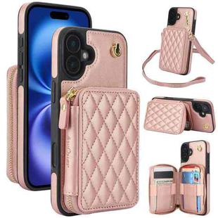 For iPhone 16 AwQuer Crossbody Zipper Wallet Rhombic Leather Back Phone Case(Rose Gold)