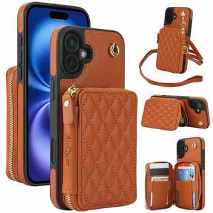 For iPhone 16 AwQuer Crossbody Zipper Wallet Rhombic Leather Back Phone Case(Brown)