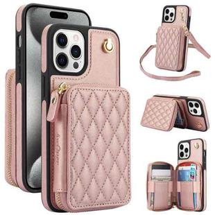 For iPhone 15 Pro Max AwQuer Crossbody Zipper Wallet Rhombic Leather Back Phone Case(Rose Gold)