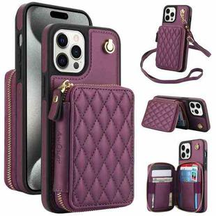 For iPhone 15 Pro Max AwQuer Crossbody Zipper Wallet Rhombic Leather Back Phone Case(Dark Purple)