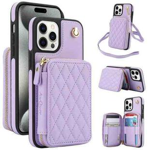 For iPhone 15 Pro Max AwQuer Crossbody Zipper Wallet Rhombic Leather Back Phone Case(Purple)