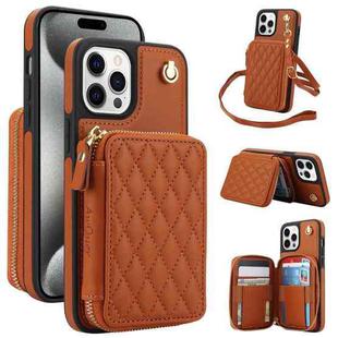 For iPhone 15 Pro Max AwQuer Crossbody Zipper Wallet Rhombic Leather Back Phone Case(Brown)