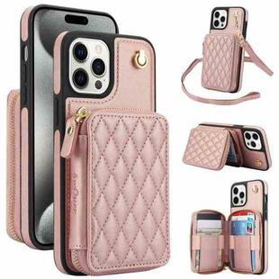 For iPhone 15 Pro AwQuer Crossbody Zipper Wallet Rhombic Leather Back Phone Case(Rose Gold)