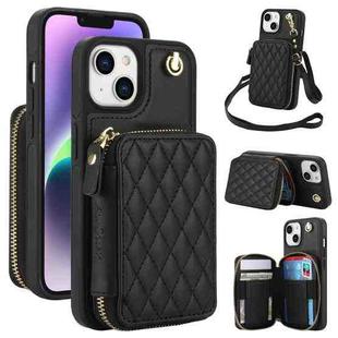 For iPhone 15 AwQuer Crossbody Zipper Wallet Rhombic Leather Back Phone Case(Black)