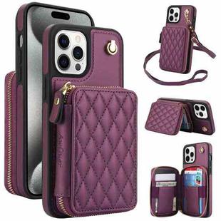 For iPhone 14 Pro AwQuer Crossbody Zipper Wallet Rhombic Leather Back Phone Case(Dark Purple)