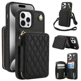 For iPhone 14 Pro Max AwQuer Crossbody Zipper Wallet Rhombic Leather Back Phone Case(Black)