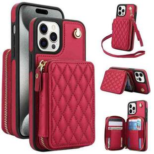 For iPhone 14 Pro Max AwQuer Crossbody Zipper Wallet Rhombic Leather Back Phone Case(Red)