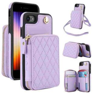 For iPhone 7 / 8 / SE 2022 AwQuer Crossbody Zipper Wallet Rhombic Leather Back Phone Case(Purple)