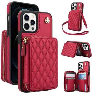 For iPhone 13 Pro Max AwQuer Crossbody Zipper Wallet Rhombic Leather Back Phone Case(Red)