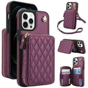 For iPhone 13 Pro Max AwQuer Crossbody Zipper Wallet Rhombic Leather Back Phone Case(Dark Purple)