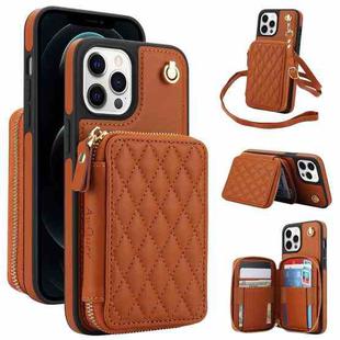 For iPhone 11 Pro Max AwQuer Crossbody Zipper Wallet Rhombic Leather Back Phone Case(Brown)
