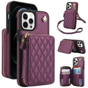 For iPhone 11 Pro AwQuer Crossbody Zipper Wallet Rhombic Leather Back Phone Case(Dark Purple)