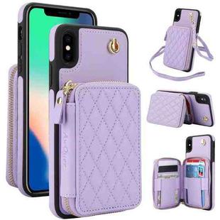 For iPhone X / XS AwQuer Crossbody Zipper Wallet Rhombic Leather Back Phone Case(Purple)