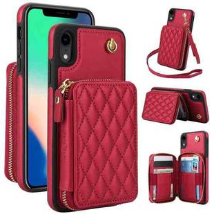 For iPhone XR AwQuer Crossbody Zipper Wallet Rhombic Leather Back Phone Case(Red)