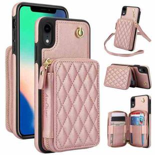 For iPhone XR AwQuer Crossbody Zipper Wallet Rhombic Leather Back Phone Case(Rose Gold)