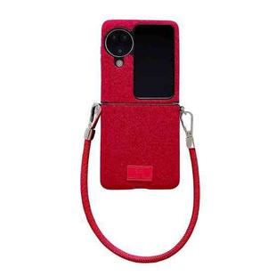 For OPPO Find N2 Flip Comfortable Short Plush Full Coverage Phone Case with Wrist Strap(Red)