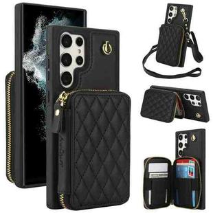 For Samsung Galaxy S24 Ultra 5G AwQuer Crossbody Zipper Wallet Rhombic Leather Back Phone Case(Black)